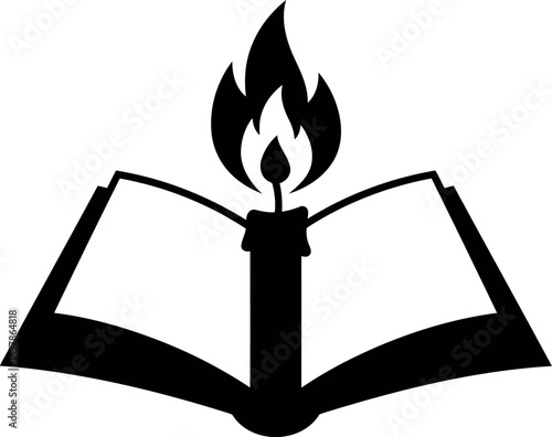 Symbolic open book with a lit candle flame emerging from its pages representing knowledge and enlightenment