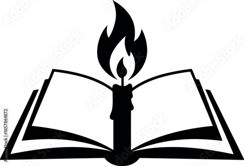 Open book with a lit candle burning brightly on its pages symbolizing knowledge and enlightenment