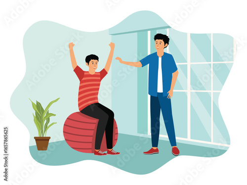 Therapists man working with disabled patients.