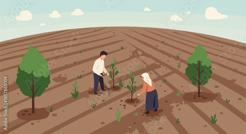 Farmhands plant trees in field. Clouds and horizon are in the background