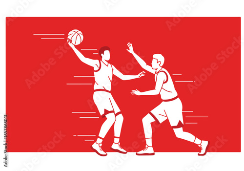 Players compete in a basketball game, red background, motion lines. Icon