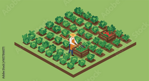Isometric person harvesting veggies in rows with tomatoes in a wood crate