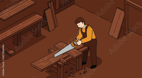 Carpenter sawing wood in a workshop, planks leaning against wall