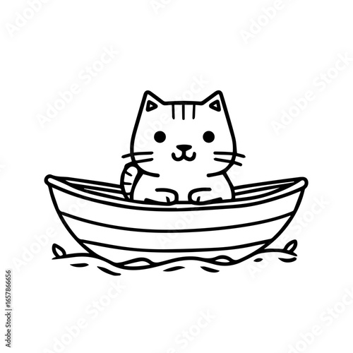 Cute cat sitting in a small boat enjoying a playful moment on the water
