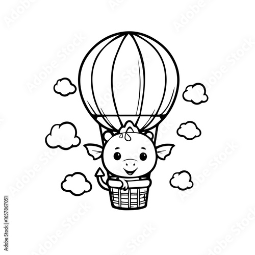 Cute cartoon dragon character flying in a hot air balloon surrounded by fluffy clouds with a joyful expression and playful demeanor