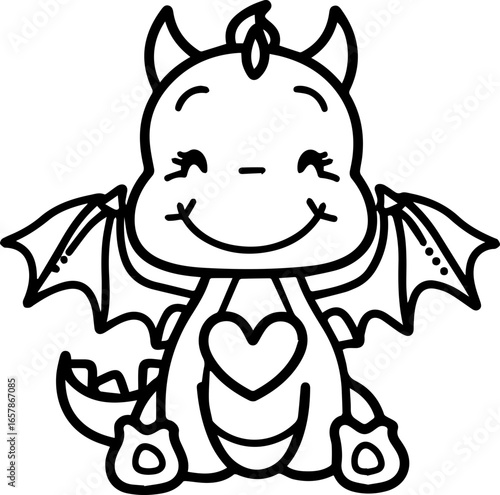 Cute smiling dragon character with wings and heart design ideal for playful illustrations and children's art projects