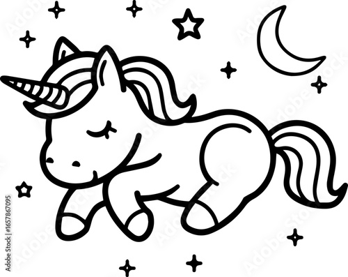 Magical unicorn in a dreamlike setting surrounded by stars and a crescent moon