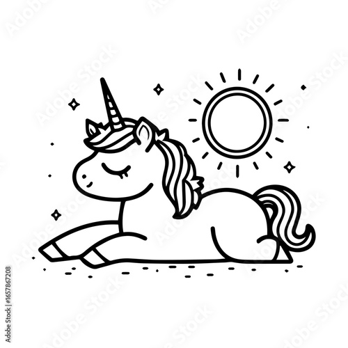 Cute unicorn resting under the sun with sparkling stars and relaxed expression in a whimsical design