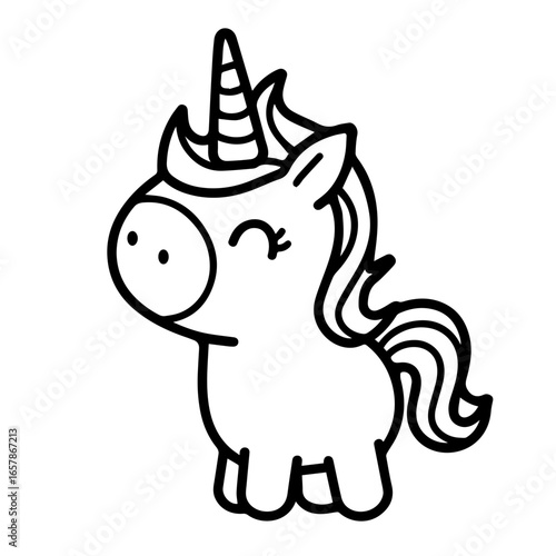 Cute cartoon unicorn character design with a smiling expression and curled mane created as a black vector illustration, perfect for children’s artwork