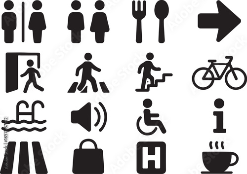 Diverse Pictogram Collection A Guide to Common Public Symbols Representing Amenities and Services for Visitors Navigation and Accessibility