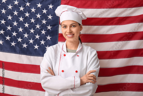 Female chef against USA fla...