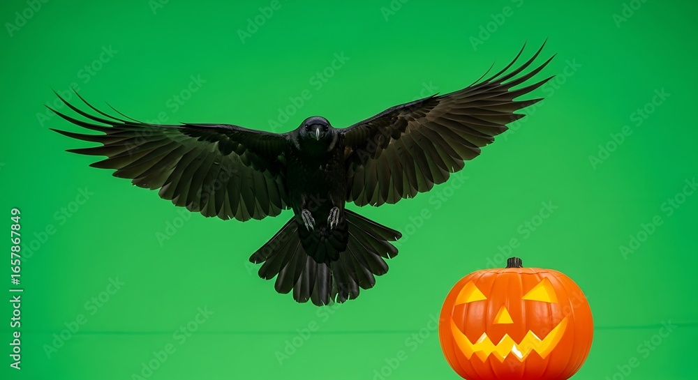 Fototapeta premium Crow Flying Near Halloween Pumpkin