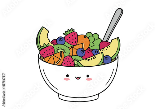 Cartoon fruit salad is eaten in bowl with a smiling face, isolated on white