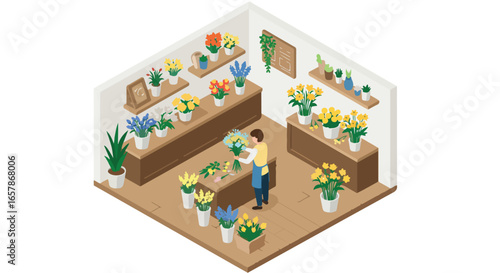 Florist arranging a bouquet in flower shop, potted plants on display in background