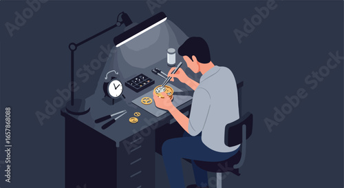 Repairman fixes watch at desk in workshop, with alarm clock in the background
