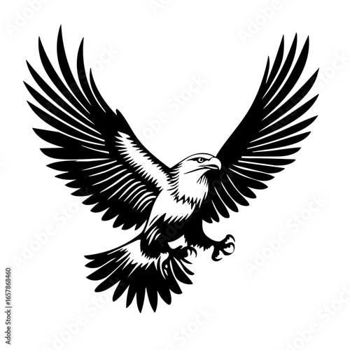 Majestic black vector eagle soaring with wings spread wide in a dynamic pose representing freedom and strength