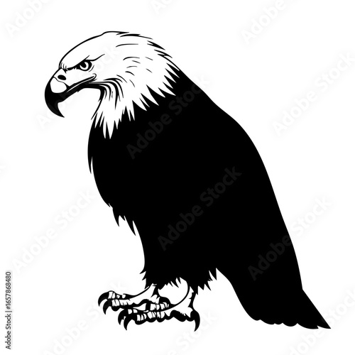 This black vector depicts a strong eagle standing proudly, highlighting its sharp beak, piercing eyes, and commanding presence
