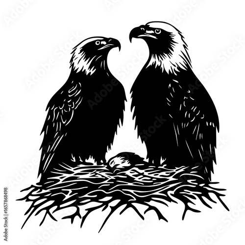Two majestic eagles guarding their nest with a single egg during an early morning in a serene forest setting
