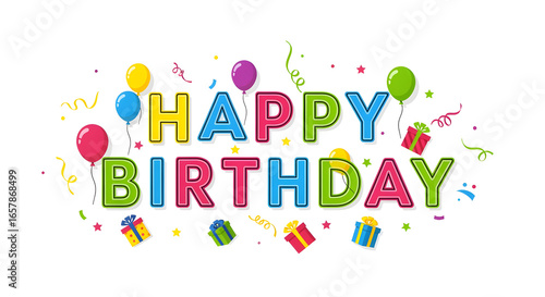 Happy birthday 3D golden text greetings with balloons sparkling confetti party elements perfect for celebration wishes