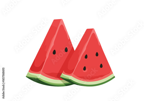 Two vector watermelon slices against a white backdrop used for illustration