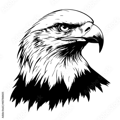 Detailed black vector illustration of a majestic eagle's head showcasing piercing eyes and intricate feather detailing