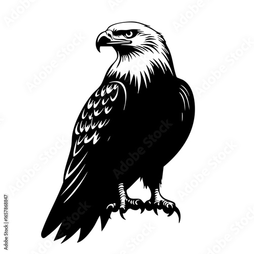 Majestic black vector eagle displaying strength and grace, poised for action with sharp talons and fierce gaze