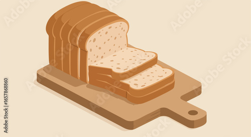 Sliced bread stacked on cutting board against a plain background for food illustration