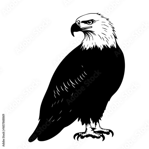 Powerful black vector illustration of a majestic eagle standing with piercing gaze