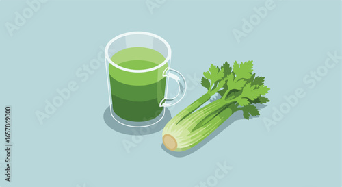 Green juice with celery on light blue for healthy lifestyle content in studio