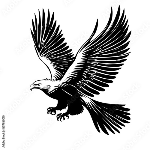 Majestic black eagle soaring with outstretched wings, showcasing powerful grace and strength in flight during daylight hours