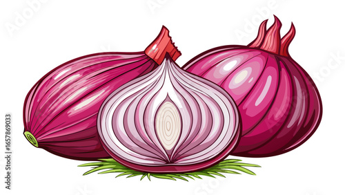 Fresh red onion whole and cut in half showing layers and texture on white background, isolated food ingredient for culinary and cooking designs.