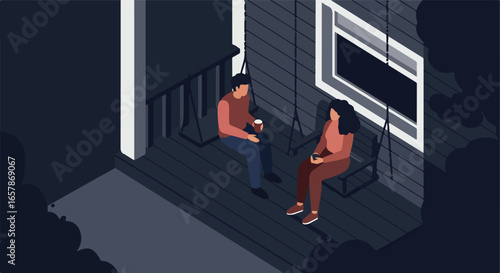 Couple swinging, talking with beverages on porch swing near a window in the evening