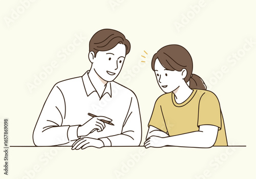 Teacher explains work with pen to student at a table, in a simple background