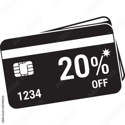 Credit card with 20 off discount isolated on white background, representing promotional offers, sales, and financial savings for retail, commerce, and online shopping