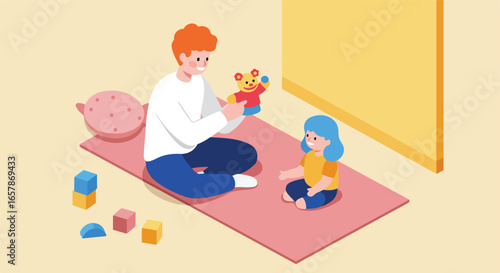 Man plays with doll for a child in playroom. Block toys and decor on background