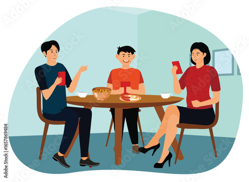 Family Enjoying a Meal Together While Using Mobile Devices.