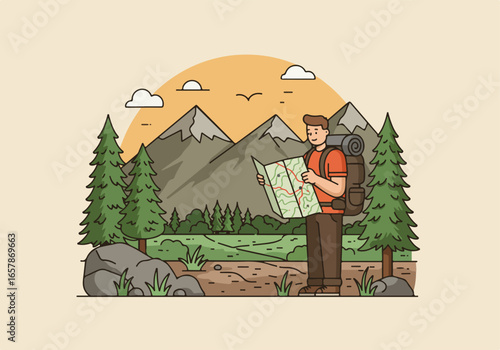 Hiker reads a map, in forest by mountains, sun & clouds behind trees, path planning