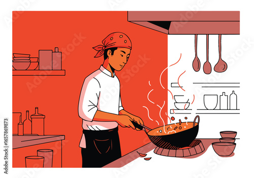 Male chef cooking Asian food in a wok in a commercial kitchen setting