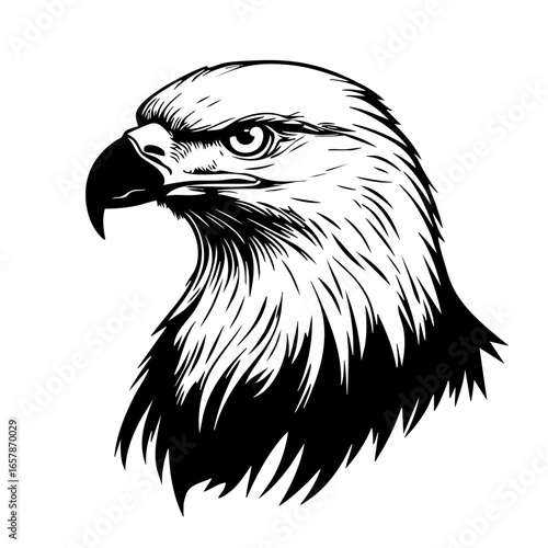 Majestic eagle head illustration featuring detailed feathers and piercing gaze in solid black vector design