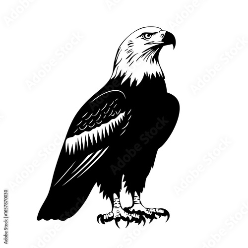 Majestic black vector representation of an eagle standing proudly on a perch, capturing its strength and elegance in natural forms