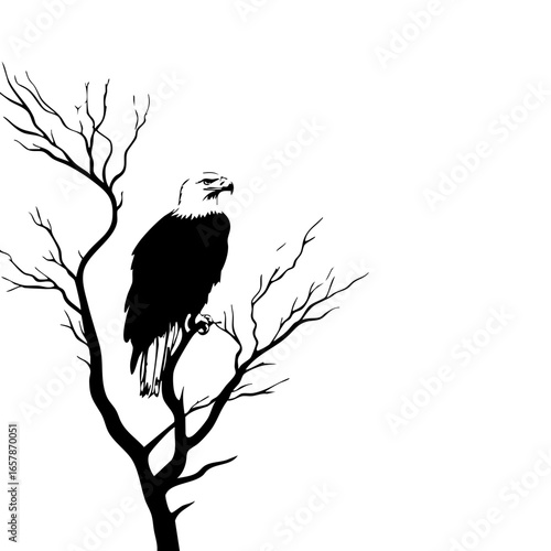 Bald eagle perched on a barren tree branch against a blank backdrop in a natural setting