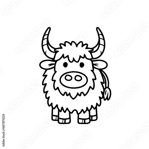 Cute cartoon yak with fluffy fur and prominent horns standing upright, showcasing a playful expression in a simplistic vector style