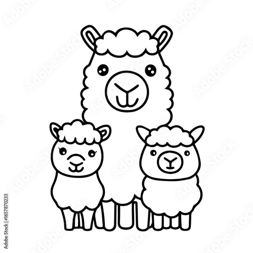 Cute black vector illustration of three llamas standing together in a playful pose