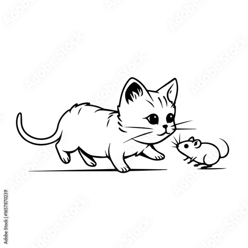 Cute cat stalking a little mouse in a playful chase during a sunny afternoon in a cozy home environment