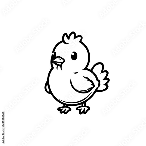 Cute black vector illustration of a round chick standing and looking curiously with its wings slightly spread