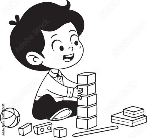 Illustration of a cheerful little boy stacking cubes and enjoying creative playtime with toys at home