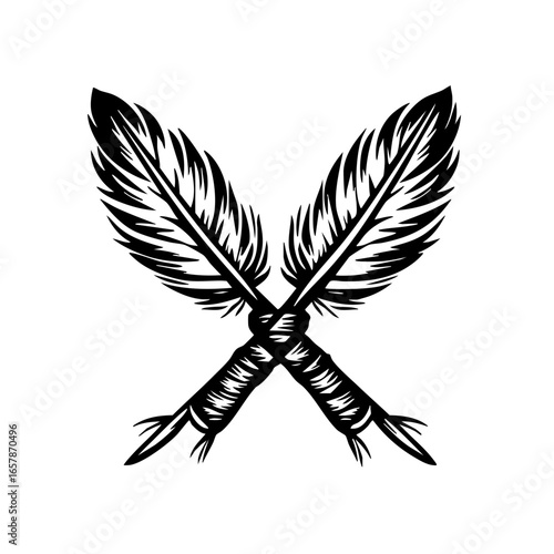 Crossed black feathers with decorative bindings symbolizing unity and strength in various cultures and traditions