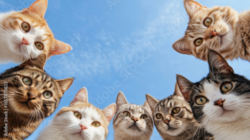 Group of curious cats with various fur patterns and colors look down at camera against clear blue sky, creating playful and engaging scene