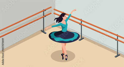 Woman dancer poses in studio, barre is behind her. Vector art for ads, websites