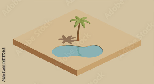 Isometric view, beach with palm tree by pool, blank brown background for summer travel
